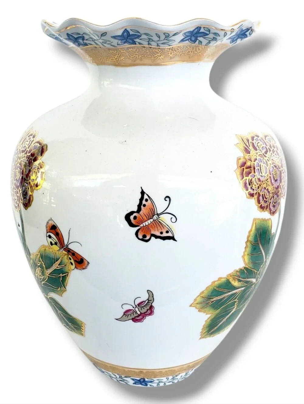 Vintage Porcelain Floral Vase Butterfly Gold Gilt Scalloped Hand Painted Asian